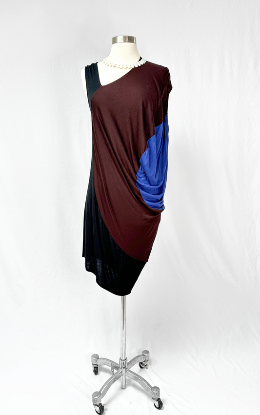 Zero + Maria Cornejo Black Brown Blue Colorblock Angular Draped Dress (XS)