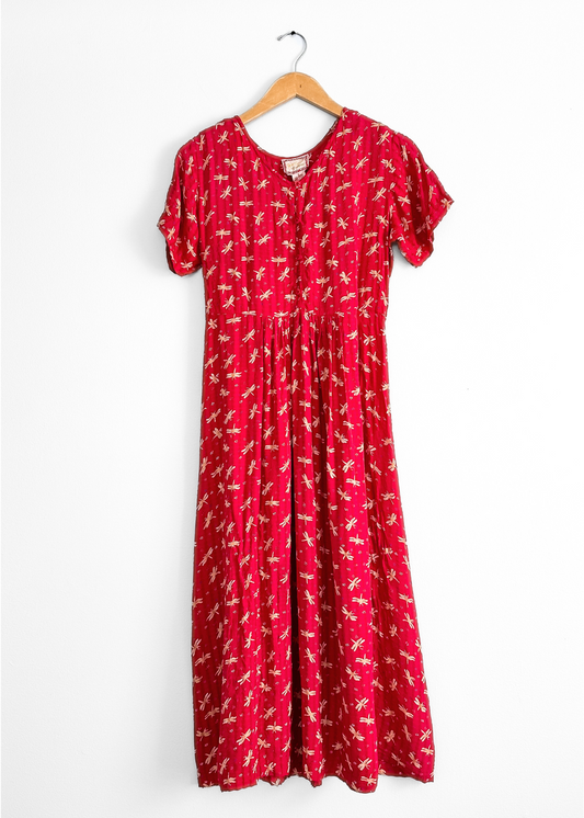 Vintage 90s April Cornell Red Dragonfly Dress (S/M)