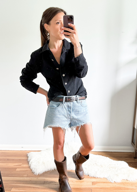 Lucia Lukken Black Denim Silver Button Western Style Button Down Top (S)