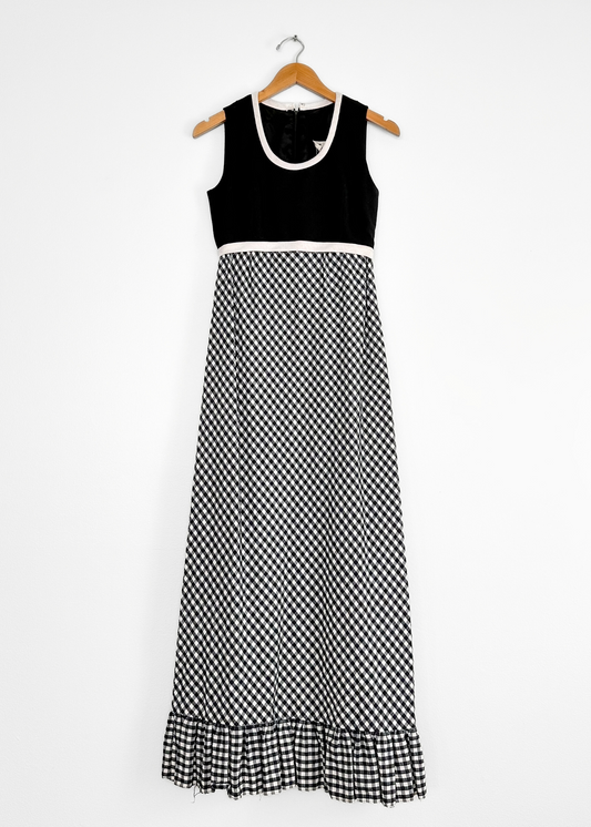 Vintage 70s Black & Dark Blue Gingham Maxi Dress (S)