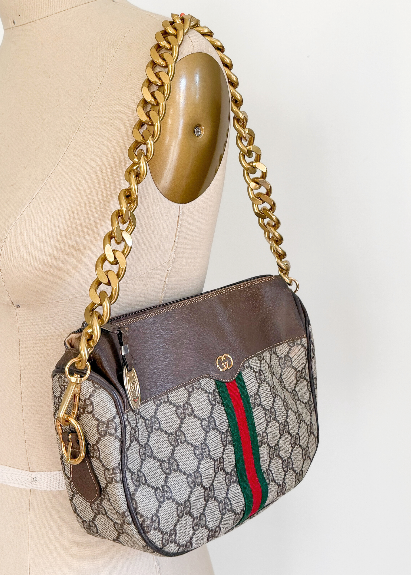 Vintage 80s Gucci Sherry Line GG Brown Shoulder Bag Purse + Gold Shoulder Chain