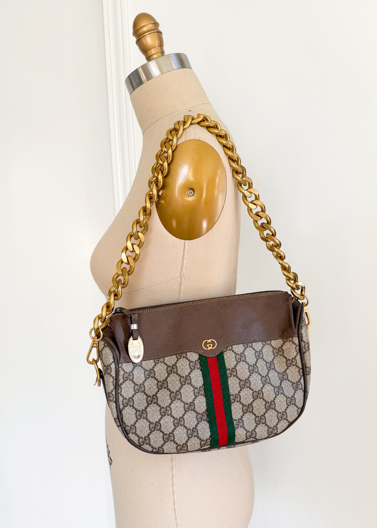Vintage 80s Gucci Sherry Line GG Brown Shoulder Bag Purse + Gold Shoulder Chain