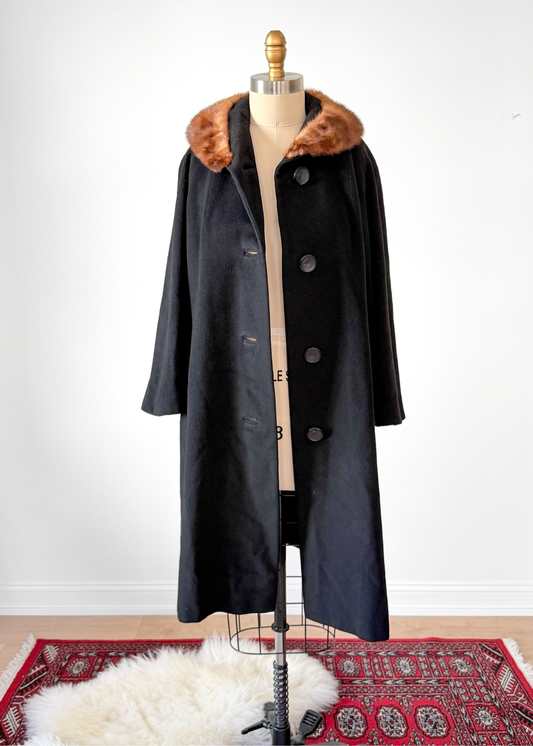Vintage 60s Black Cashmere & Mink Collar Winter Coat (L)