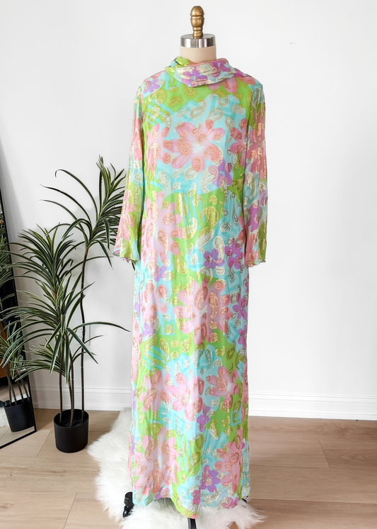 Vintage 60s Nat Kaplan Couture Green Blue Pink Floral & Metallic Thread Dress with Neck Scarf