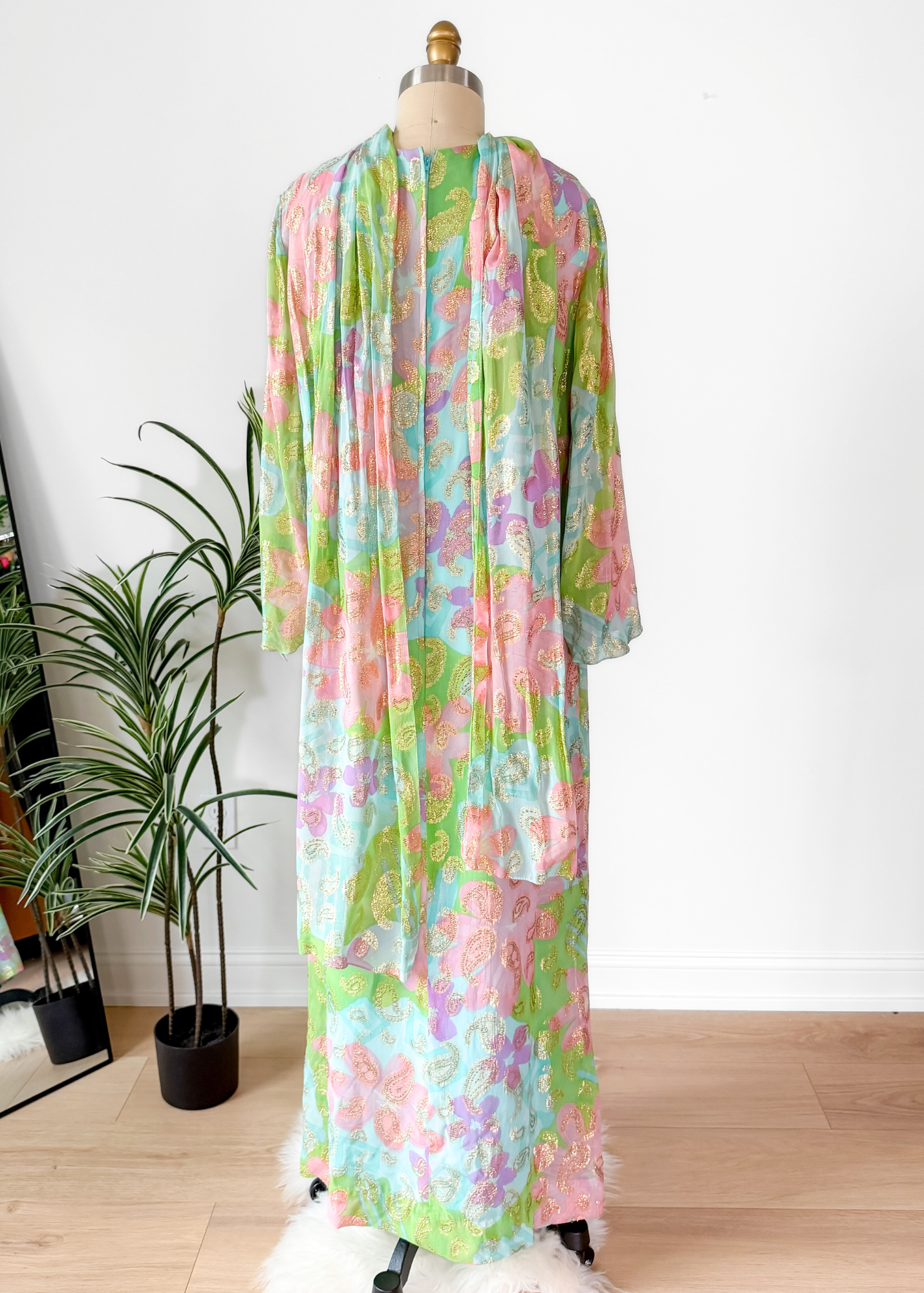 Vintage 60s Nat Kaplan Couture Green Blue Pink Floral & Metallic Thread Dress with Neck Scarf