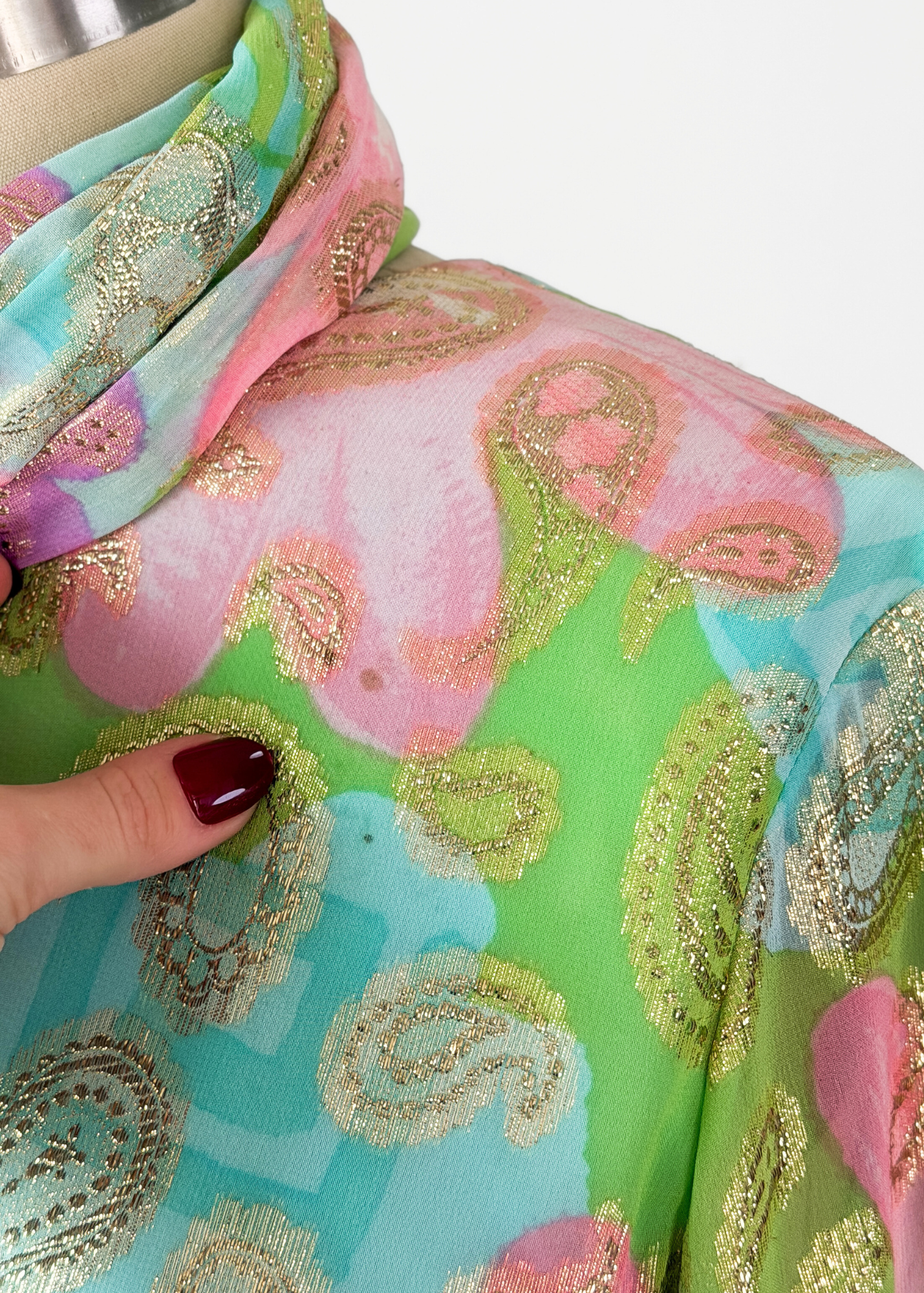 Vintage 60s Nat Kaplan Couture Green Blue Pink Floral & Metallic Thread Dress with Neck Scarf