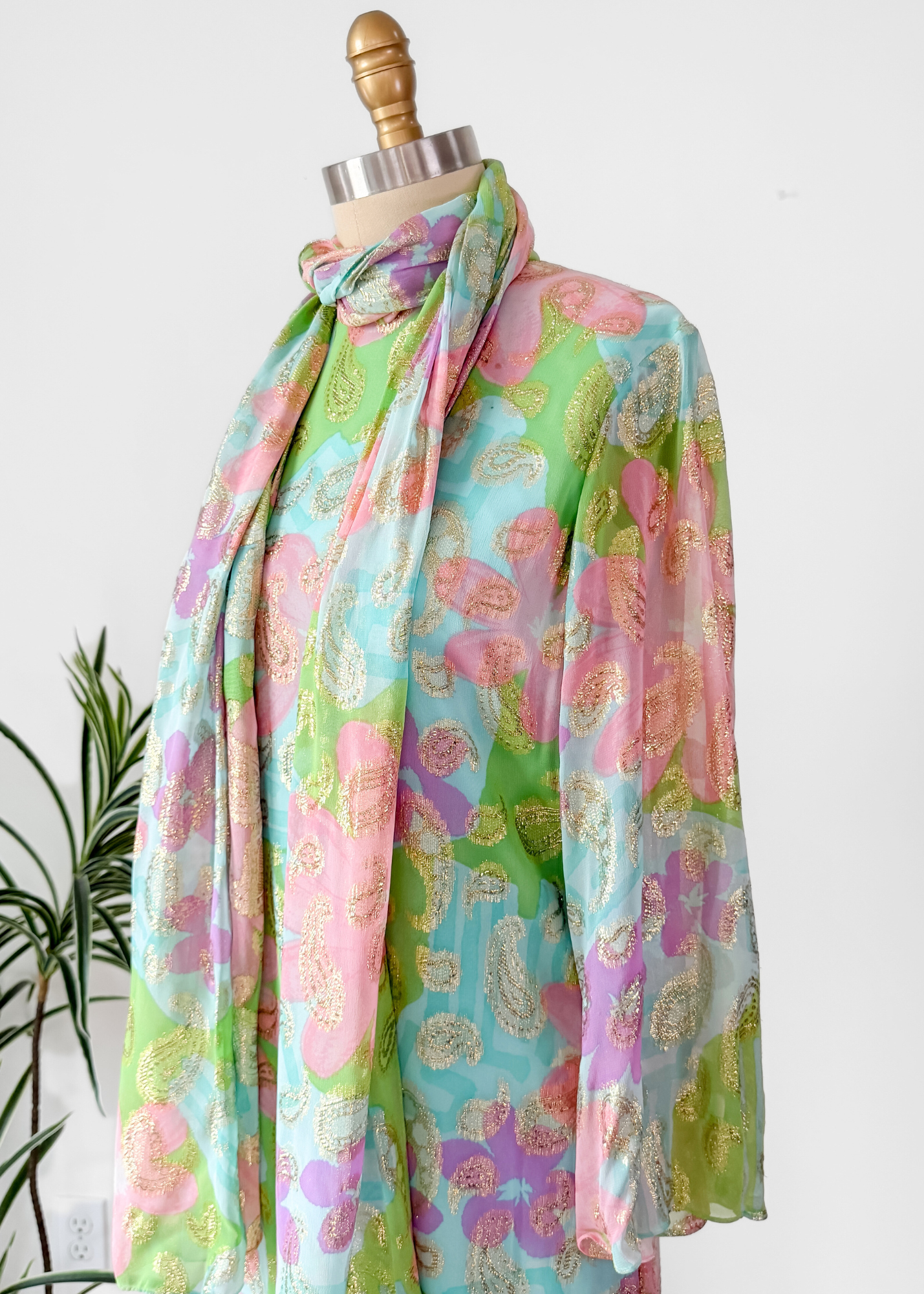 Vintage 60s Nat Kaplan Couture Green Blue Pink Floral & Metallic Thread Dress with Neck Scarf