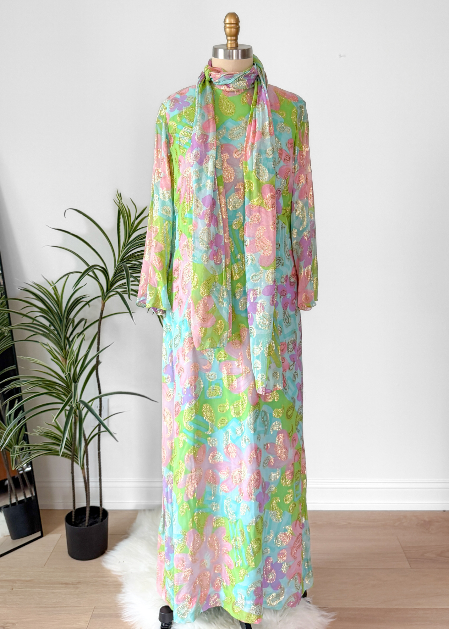 Vintage 60s Nat Kaplan Couture Green Blue Pink Floral & Metallic Thread Dress with Neck Scarf