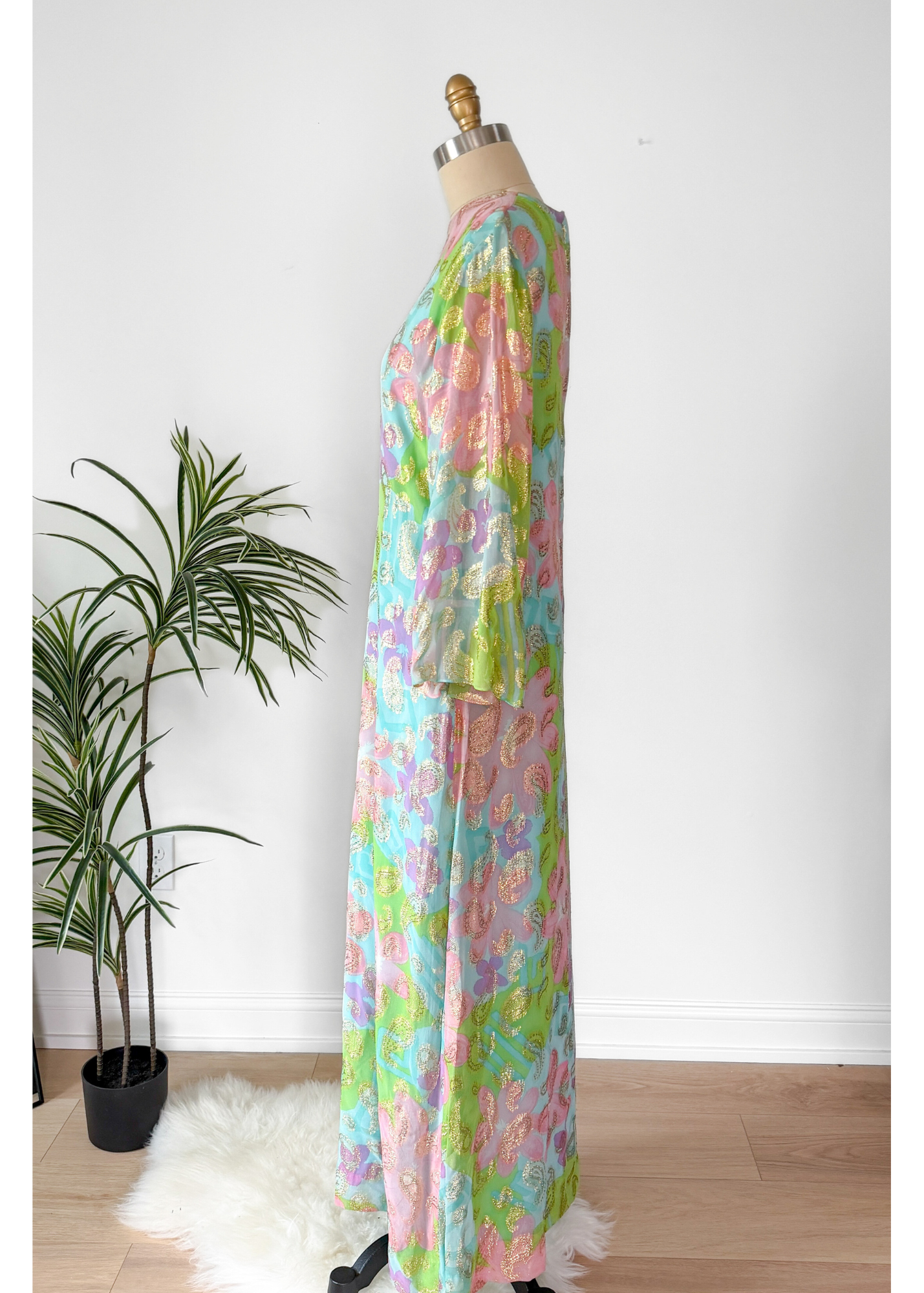 Vintage 60s Nat Kaplan Couture Green Blue Pink Floral & Metallic Thread Dress with Neck Scarf