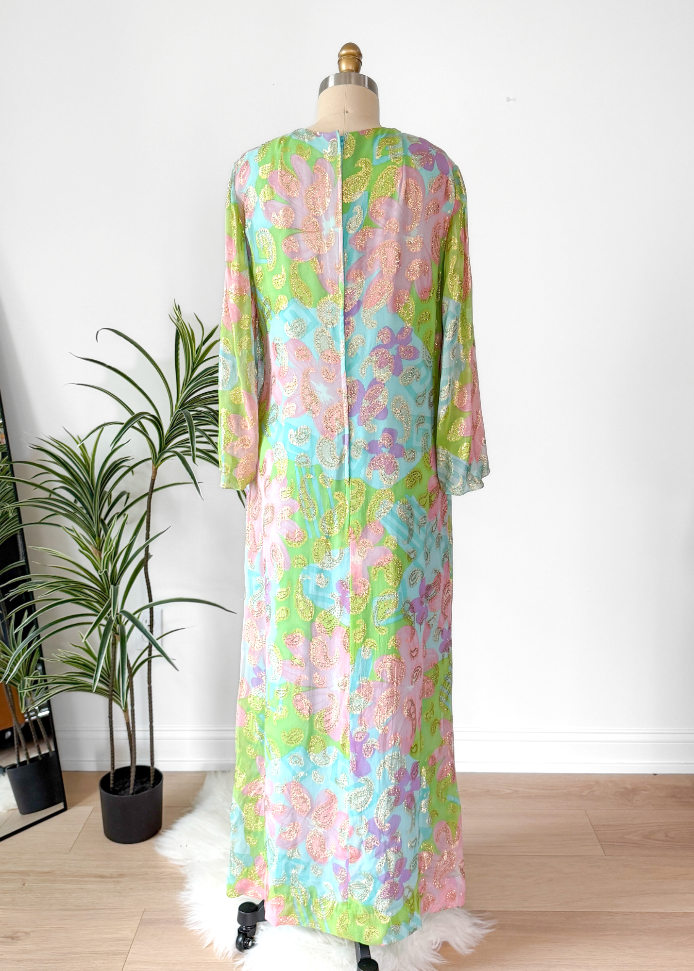 Vintage 60s Nat Kaplan Couture Green Blue Pink Floral & Metallic Thread Dress with Neck Scarf