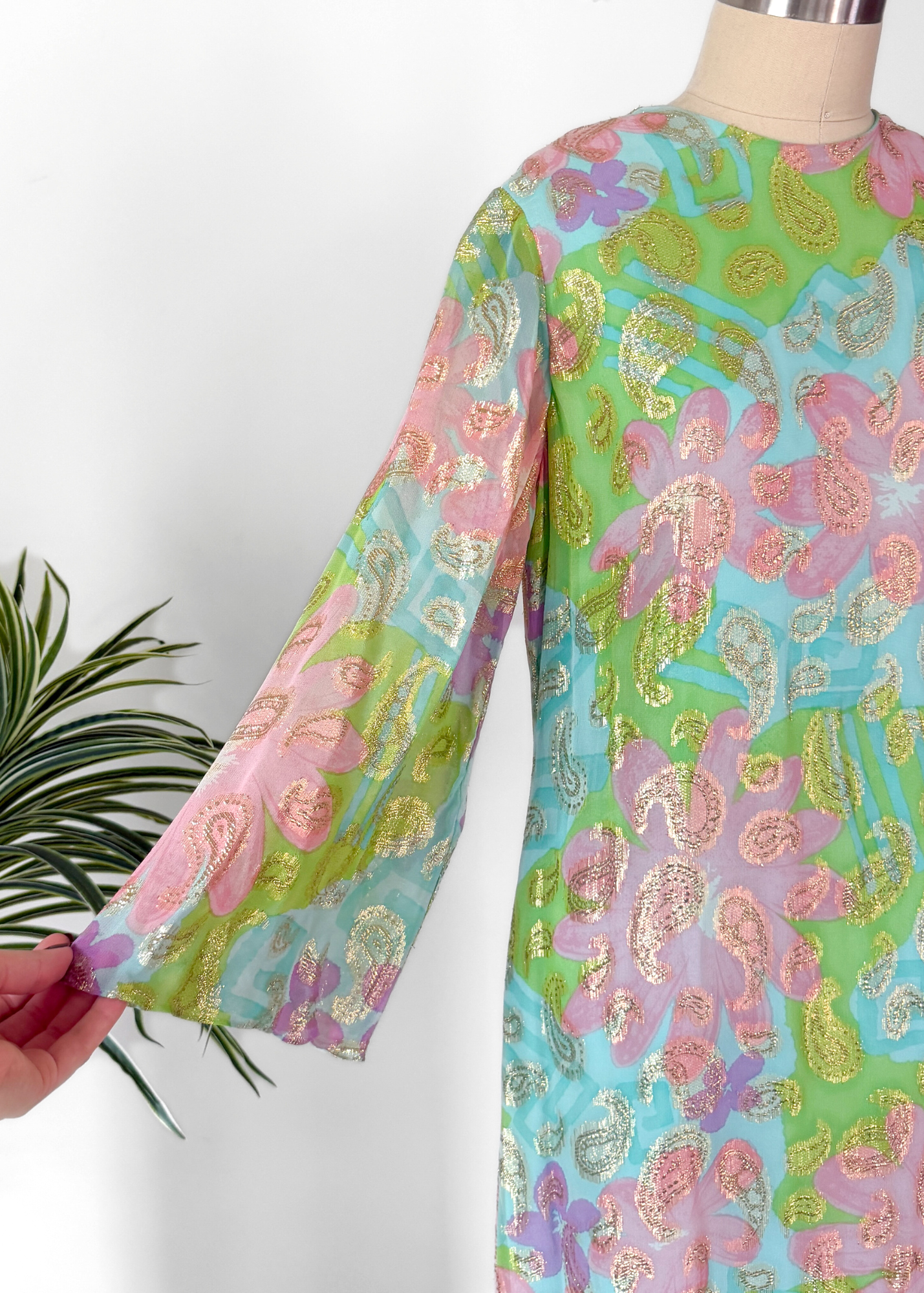 Vintage 60s Nat Kaplan Couture Green Blue Pink Floral & Metallic Thread Dress with Neck Scarf
