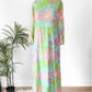 Vintage 60s Nat Kaplan Couture Green Blue Pink Floral & Metallic Thread Dress with Neck Scarf