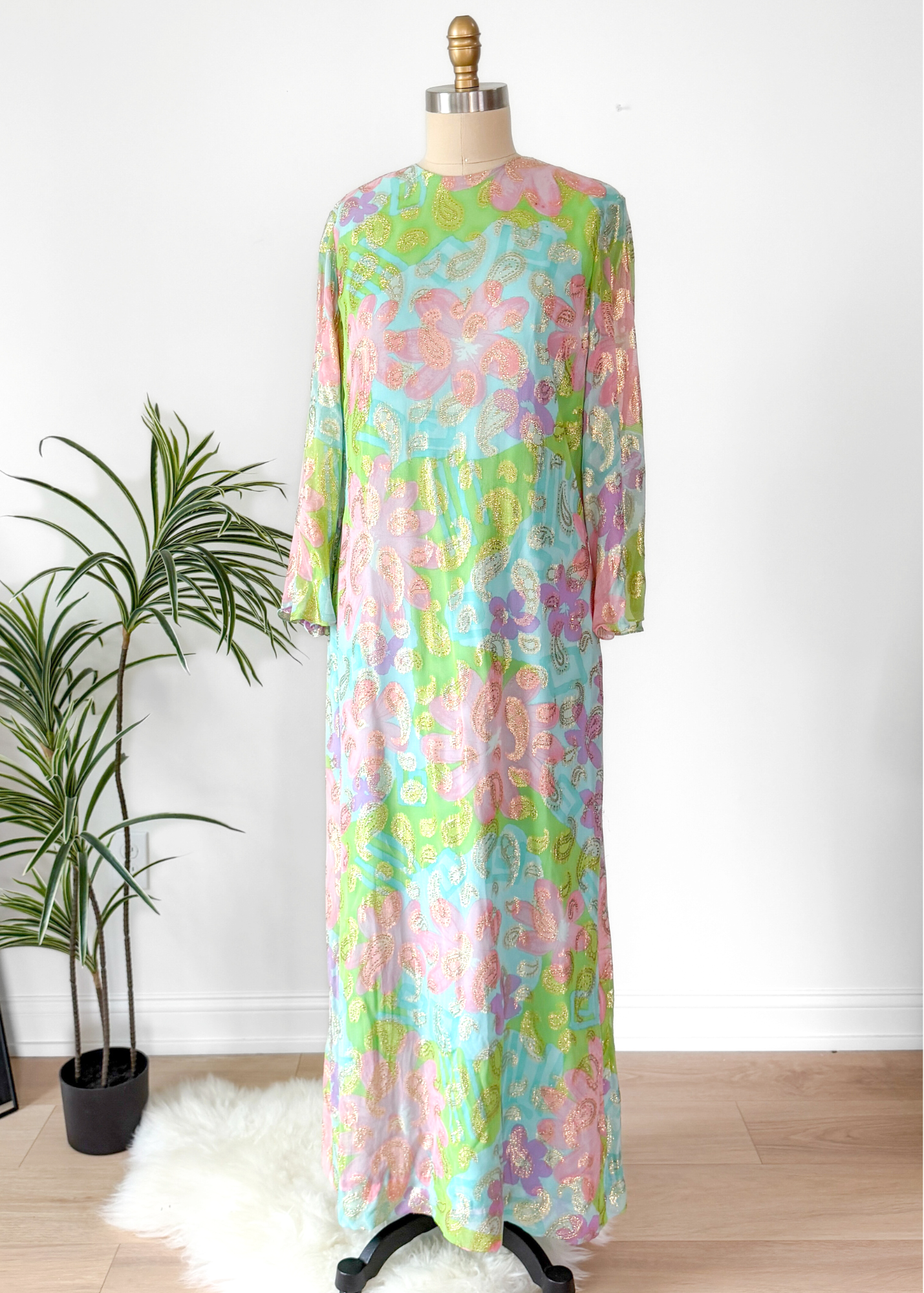 Vintage 60s Nat Kaplan Couture Green Blue Pink Floral & Metallic Thread Dress with Neck Scarf