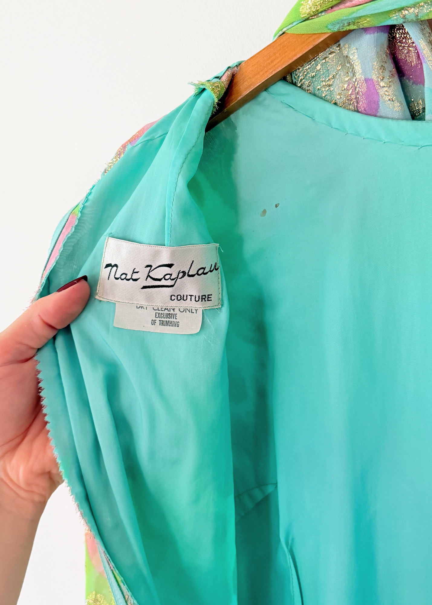 Vintage 60s Nat Kaplan Couture Green Blue Pink Floral & Metallic Thread Dress with Neck Scarf