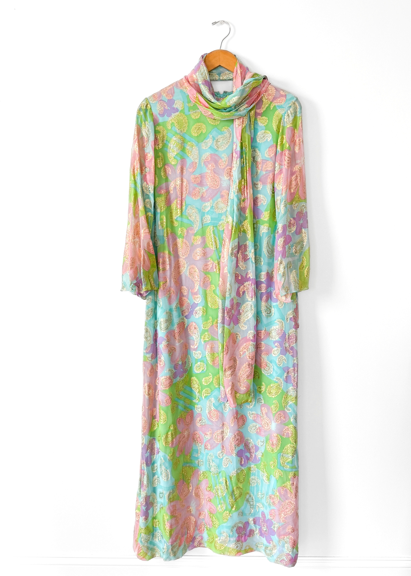 Vintage 60s Nat Kaplan Couture Green Blue Pink Floral & Metallic Thread Dress with Neck Scarf
