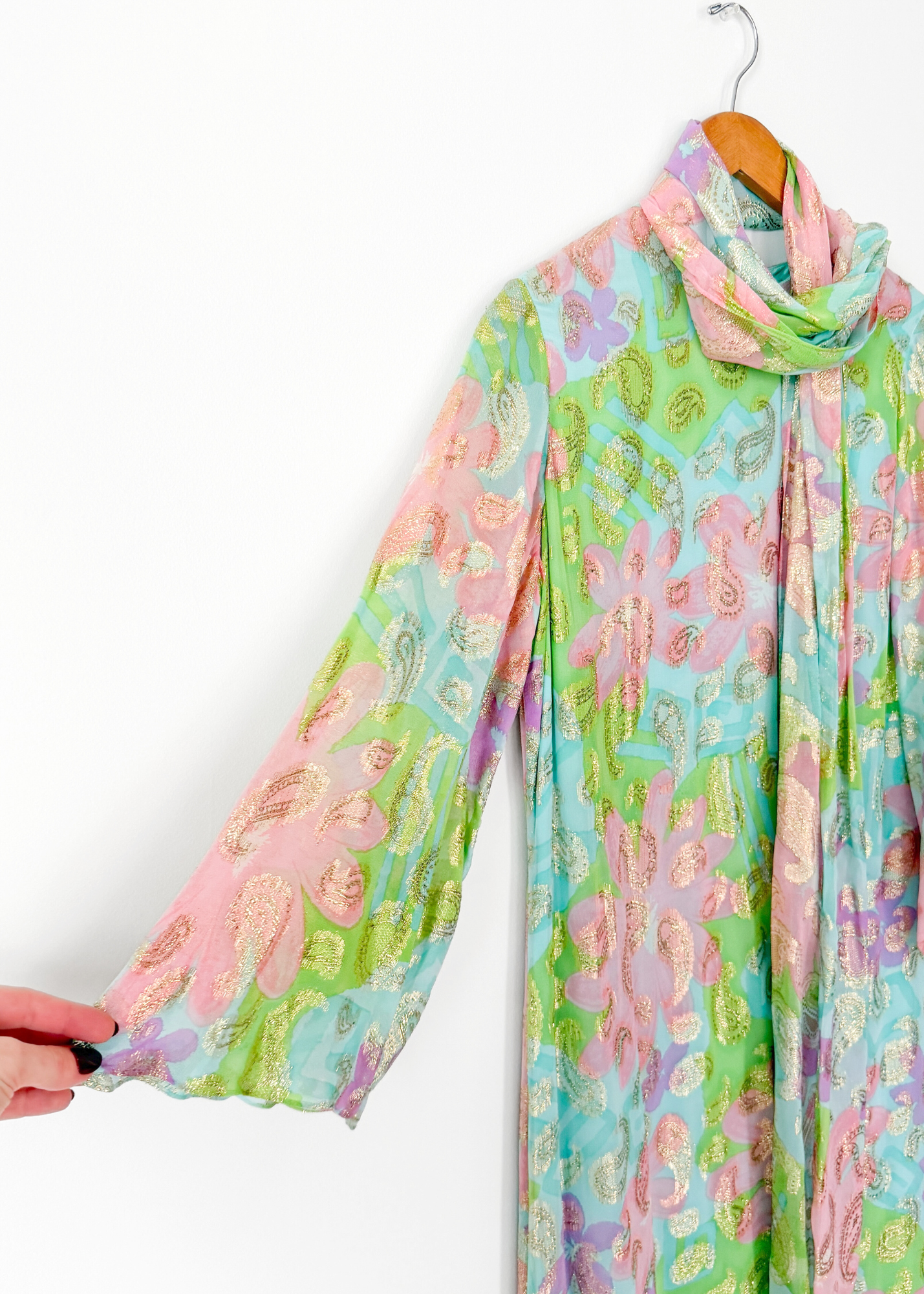 Vintage 60s Nat Kaplan Couture Green Blue Pink Floral & Metallic Thread Dress with Neck Scarf