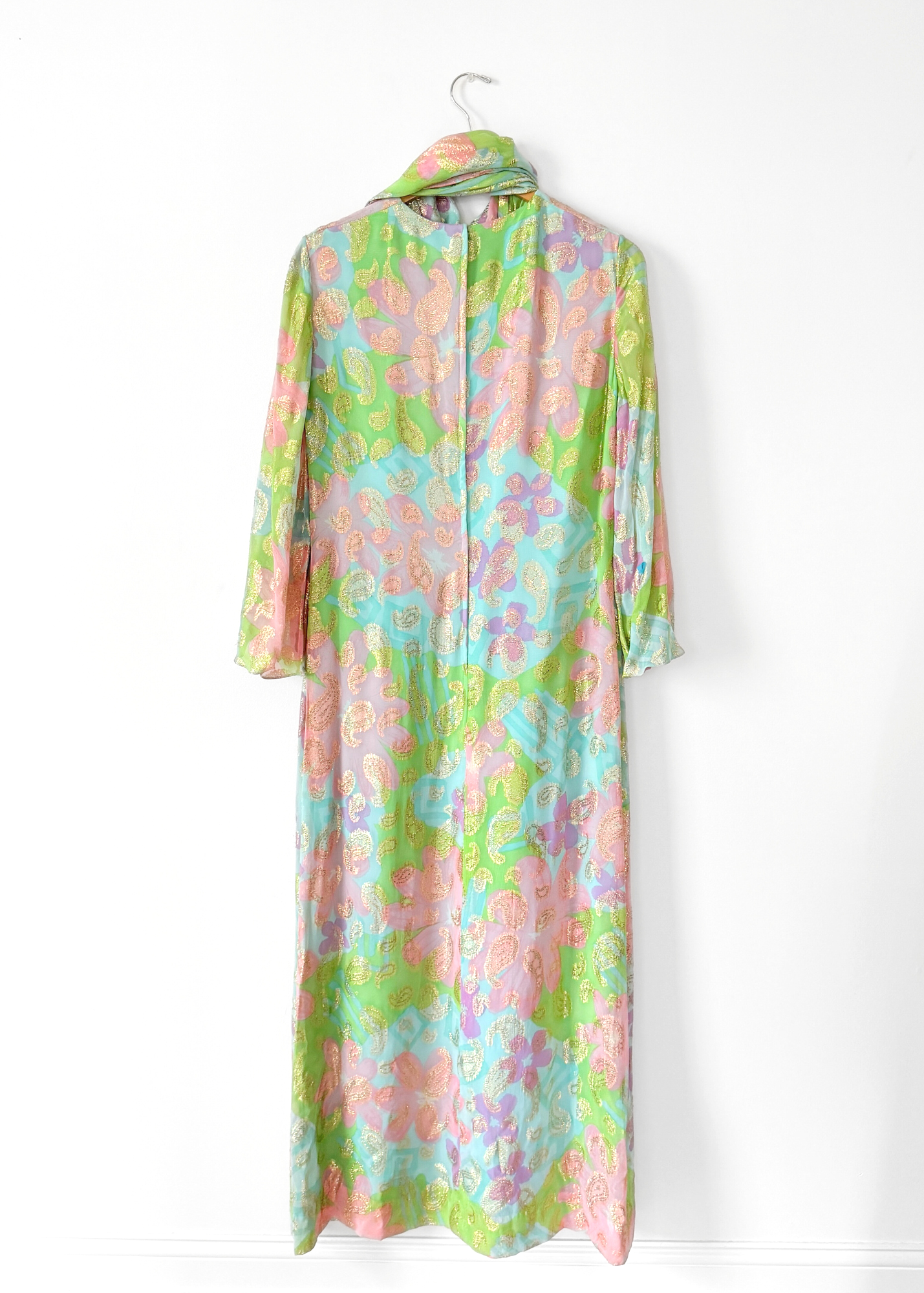 Vintage 60s Nat Kaplan Couture Green Blue Pink Floral & Metallic Thread Dress with Neck Scarf