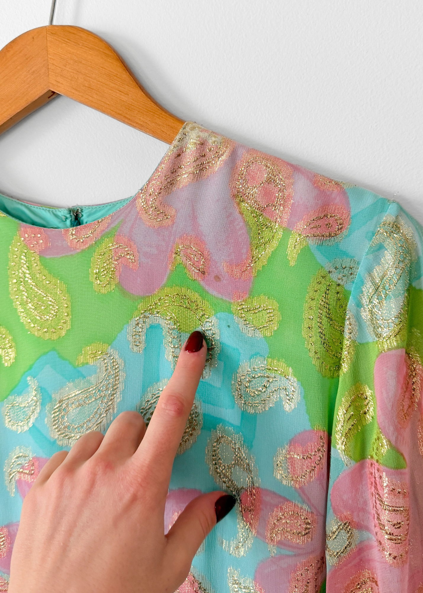 Vintage 60s Nat Kaplan Couture Green Blue Pink Floral & Metallic Thread Dress with Neck Scarf