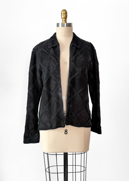 Vintage Black Suede Leather & Crochet Patchwork Zip Jacket (S/M)