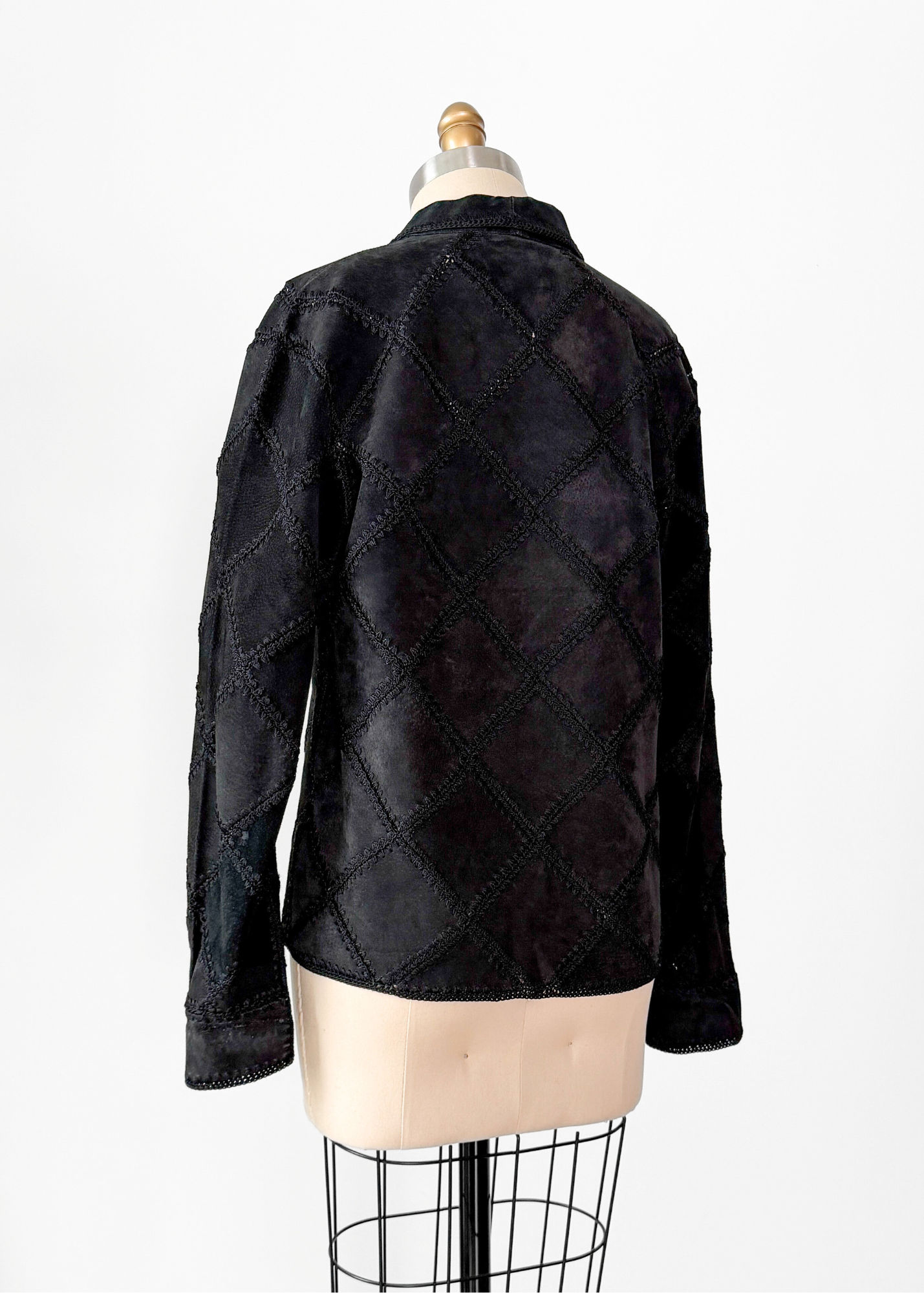 Vintage Black Suede Leather & Crochet Patchwork Zip Jacket (S/M)