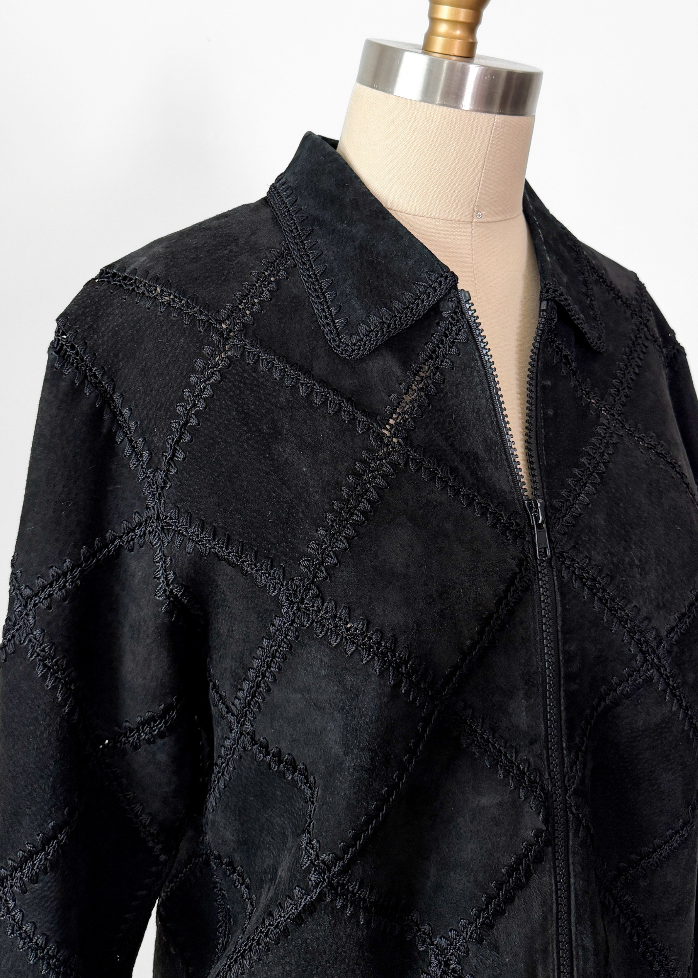 Vintage Black Suede Leather & Crochet Patchwork Zip Jacket (S/M)