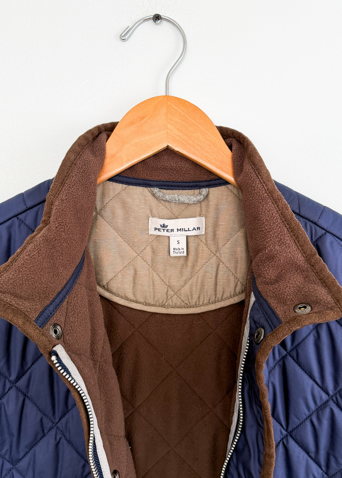 Peter Millar Essex Quilted Traveler Vest in Navy Blue and Brown (mens S)