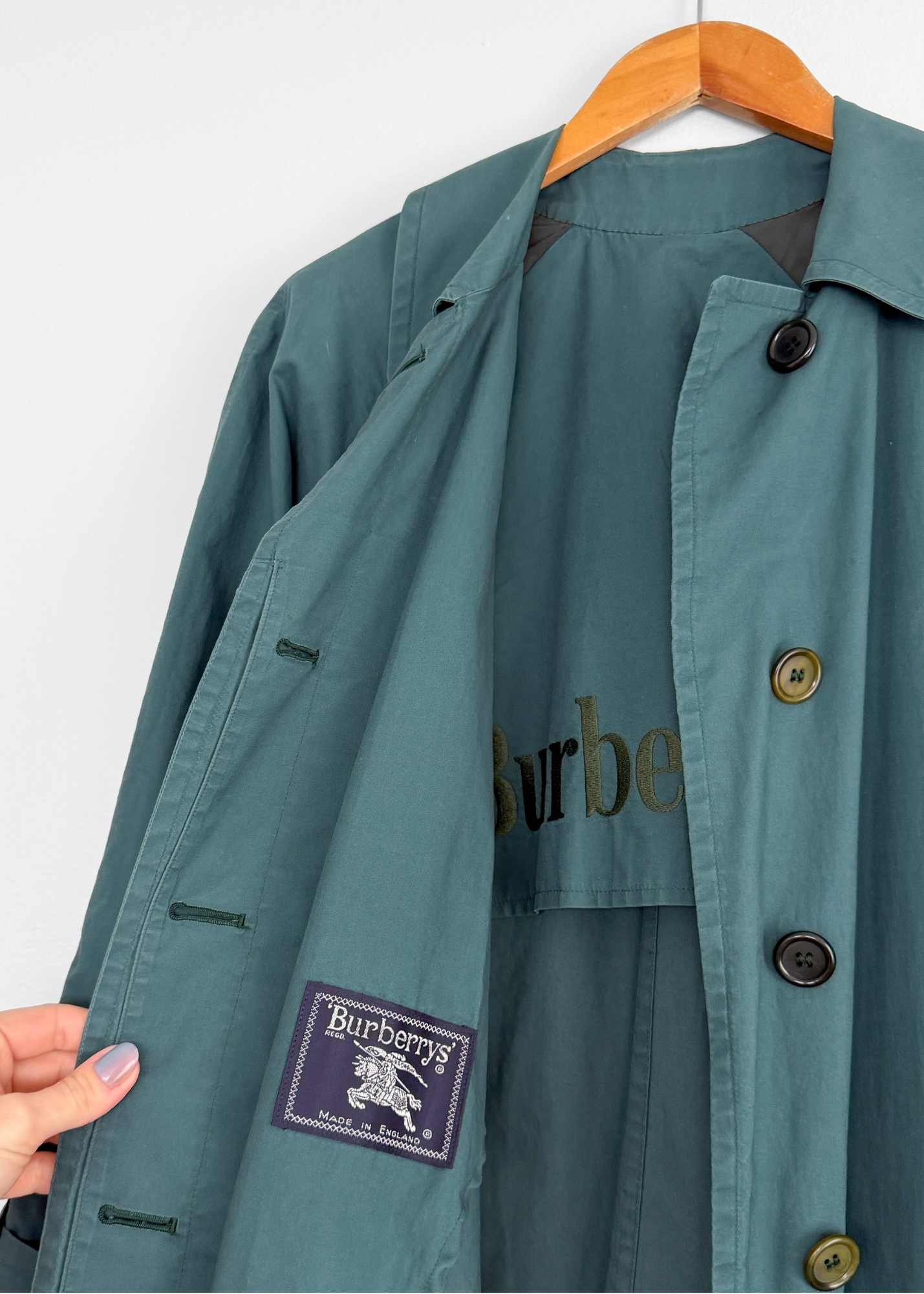 Vintage 90s Burberrys Dark Muted Teal Green Cotton Trench Coat