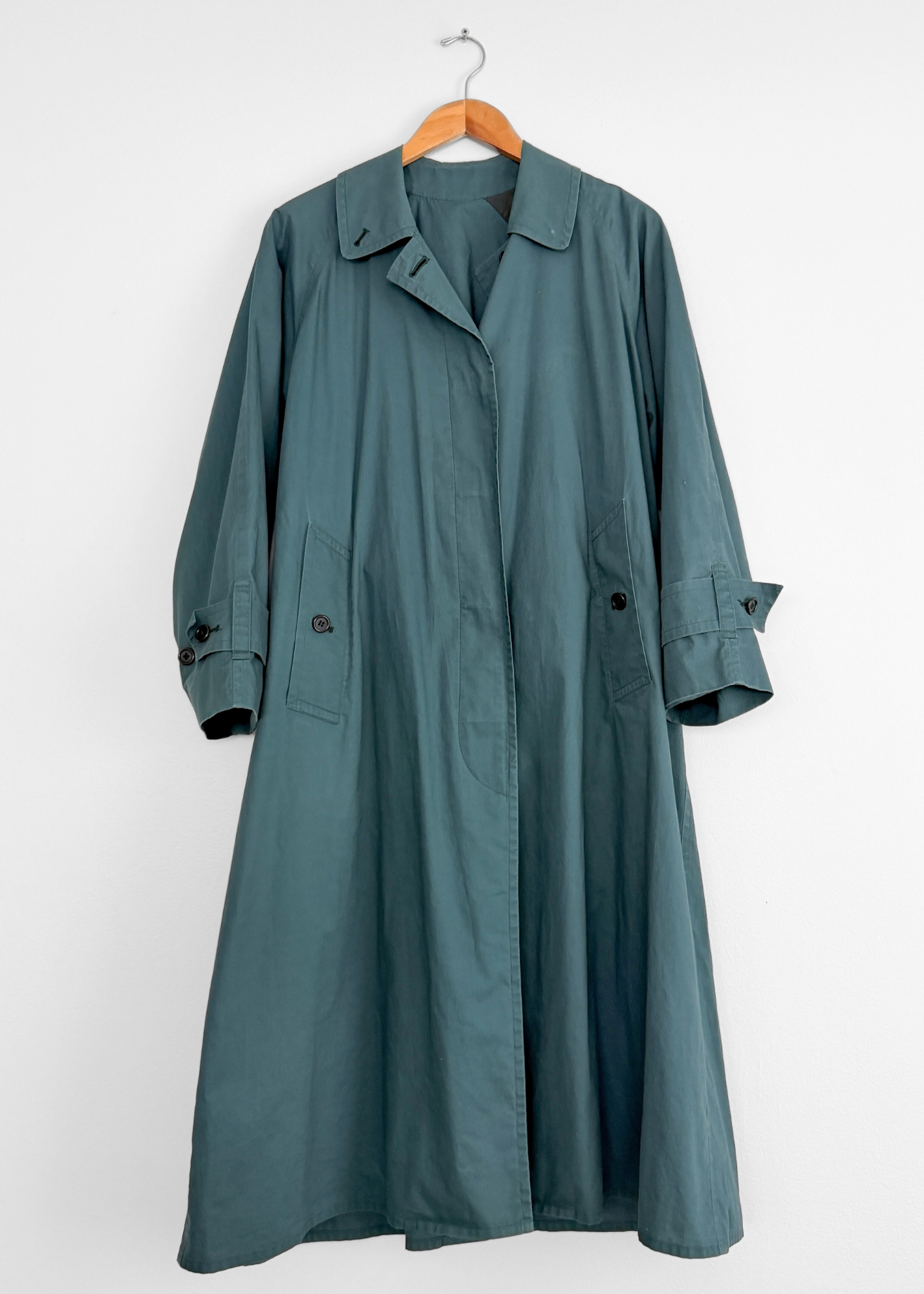 Vintage 90s Burberrys Dark Muted Teal Green Cotton Trench Coat