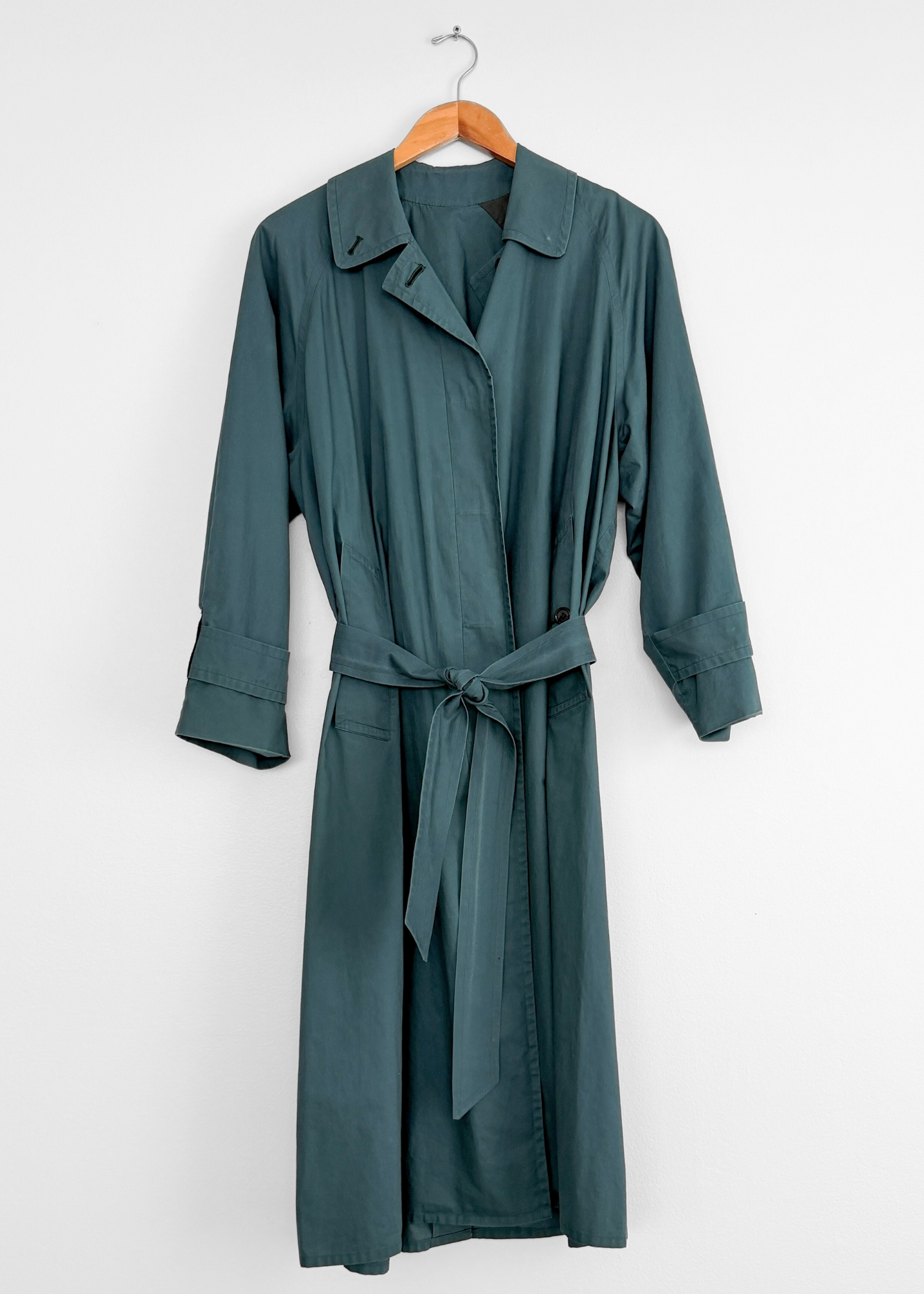 Vintage 90s Burberrys Dark Muted Teal Green Cotton Trench Coat