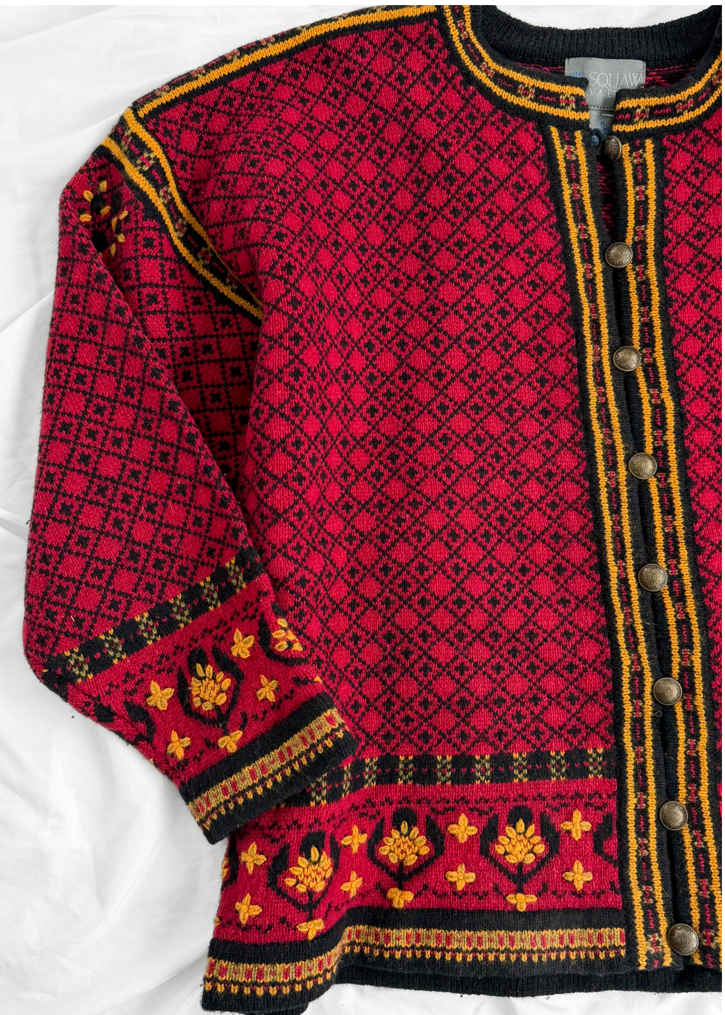 Squaw Valley Scandinavian Wool Knit Cardigan in Red Nordic Floral Fair Isle (M)