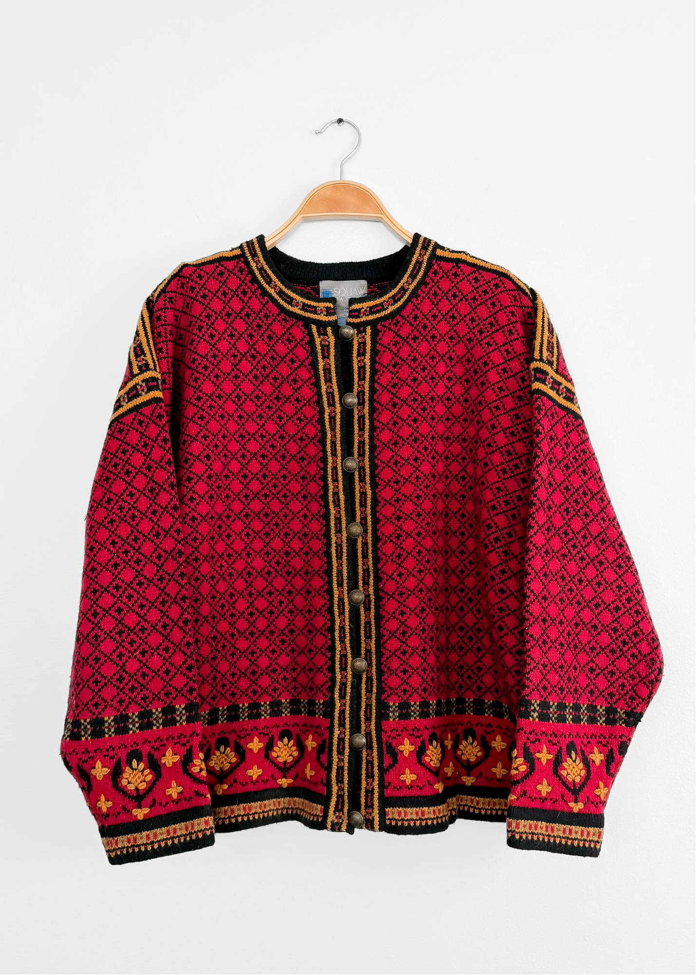 Squaw Valley Scandinavian Wool Knit Cardigan in Red Nordic Floral Fair Isle (M)