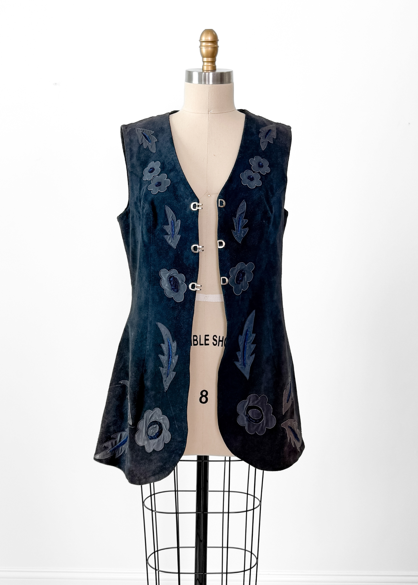 Vintage 60s 70s Navy Blue Suede and Leather Clip Front Vest Top (M)