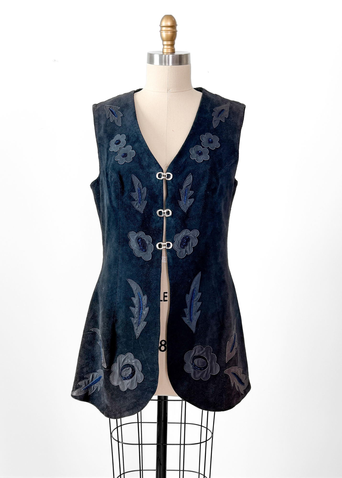 Vintage 60s 70s Navy Blue Suede and Leather Clip Front Vest Top (M)