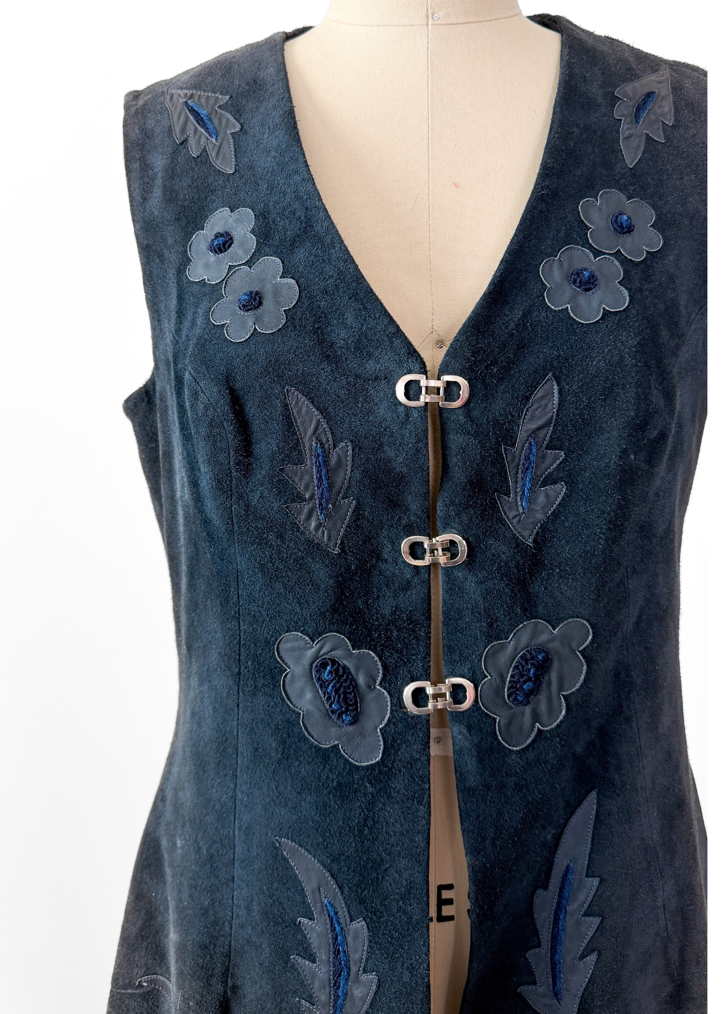 Vintage 60s 70s Navy Blue Suede and Leather Clip Front Vest Top (M)