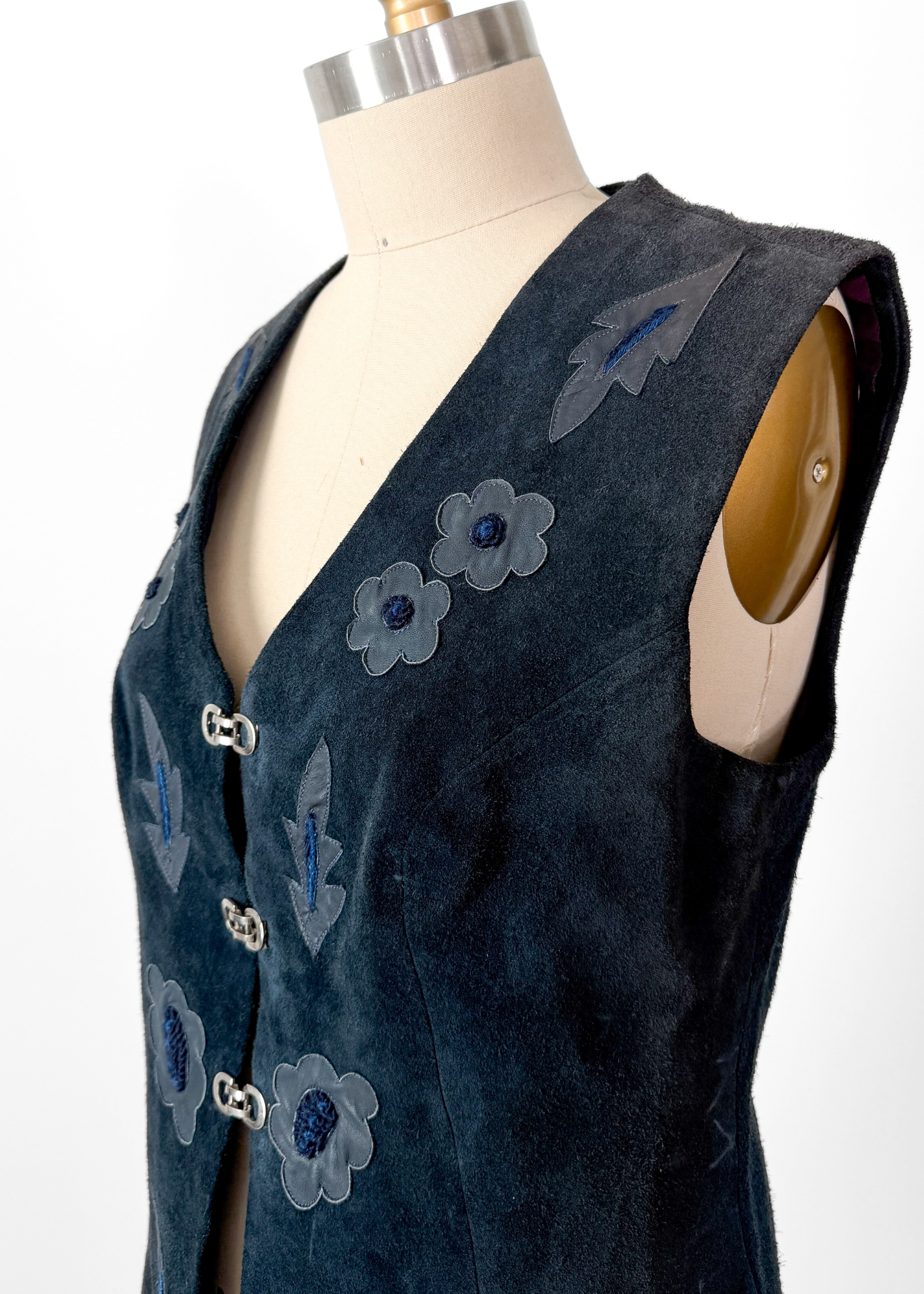 Vintage 60s 70s Navy Blue Suede and Leather Clip Front Vest Top (M)