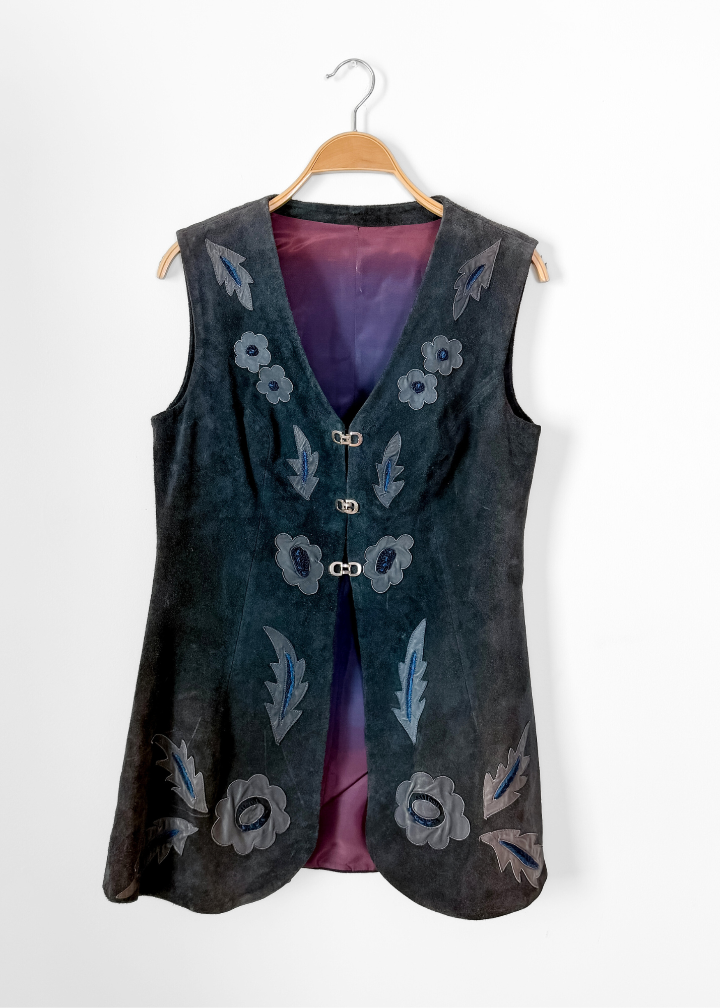 Vintage 60s 70s Navy Blue Suede and Leather Clip Front Vest Top (M)