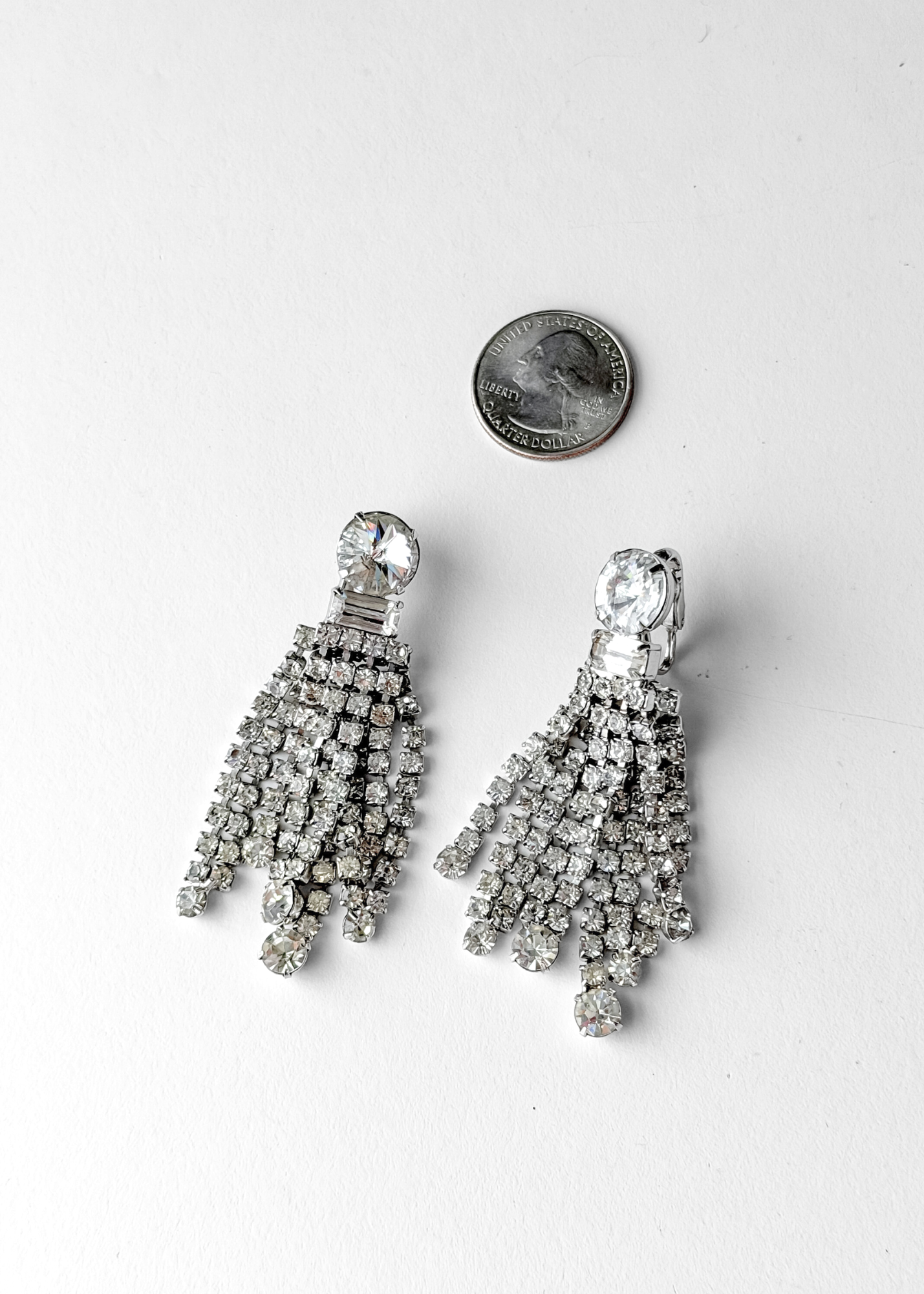 Vintage Clear Rhinestone Chandelier Cascading Statement Clip-On Earrings