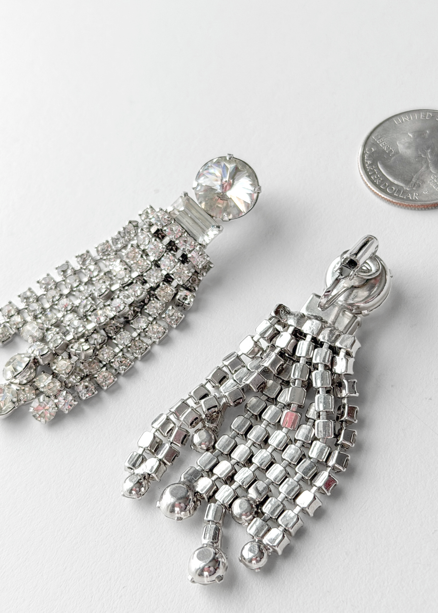 Vintage Clear Rhinestone Chandelier Cascading Statement Clip-On Earrings