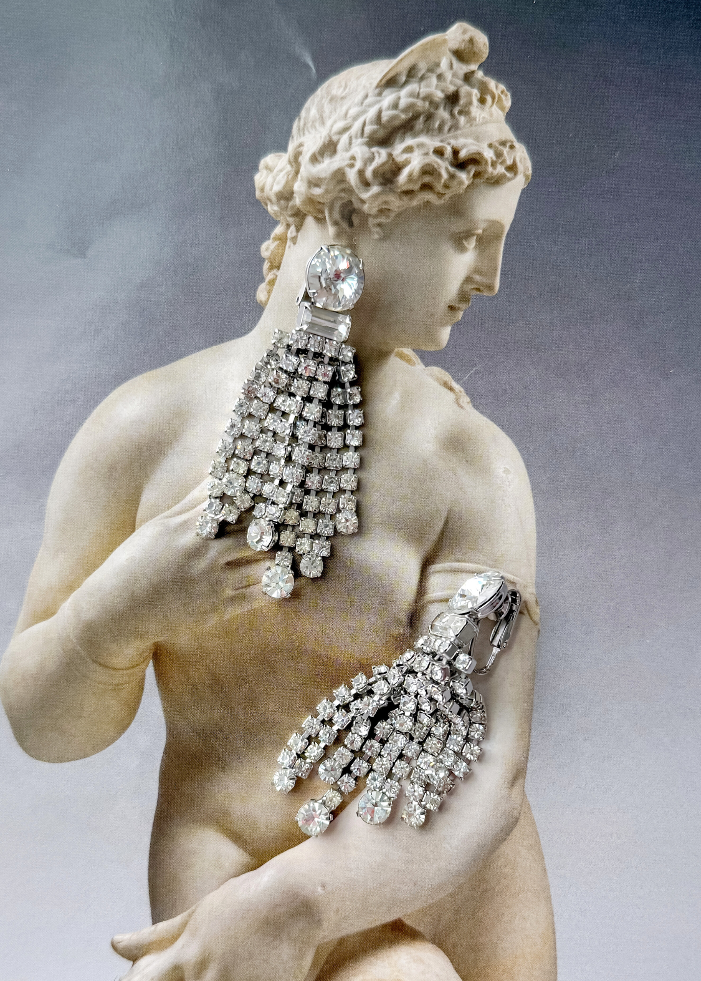 Vintage Clear Rhinestone Chandelier Cascading Statement Clip-On Earrings