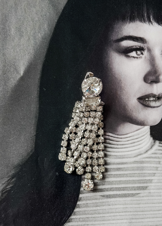 Vintage Clear Rhinestone Chandelier Cascading Statement Clip-On Earrings