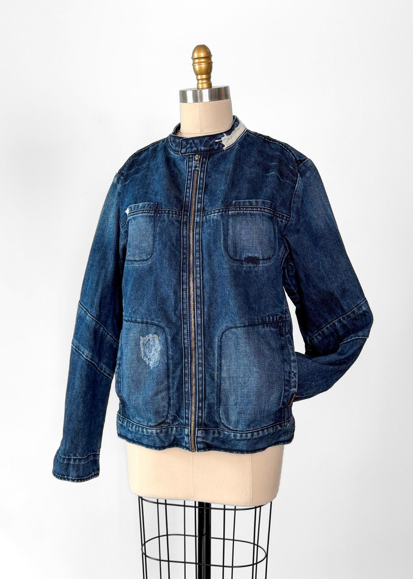 OMM Blue Denim Distressed Patchwork Jean Moto Jacket (L)