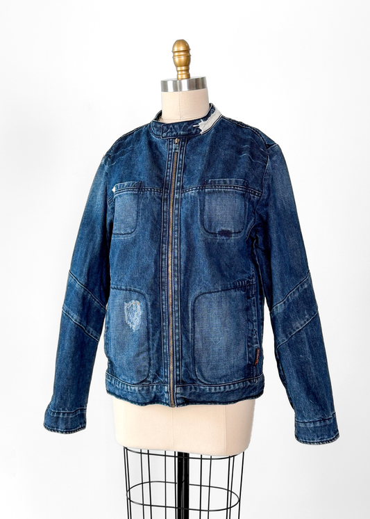 OMM Blue Denim Distressed Patchwork Jean Moto Jacket (L)