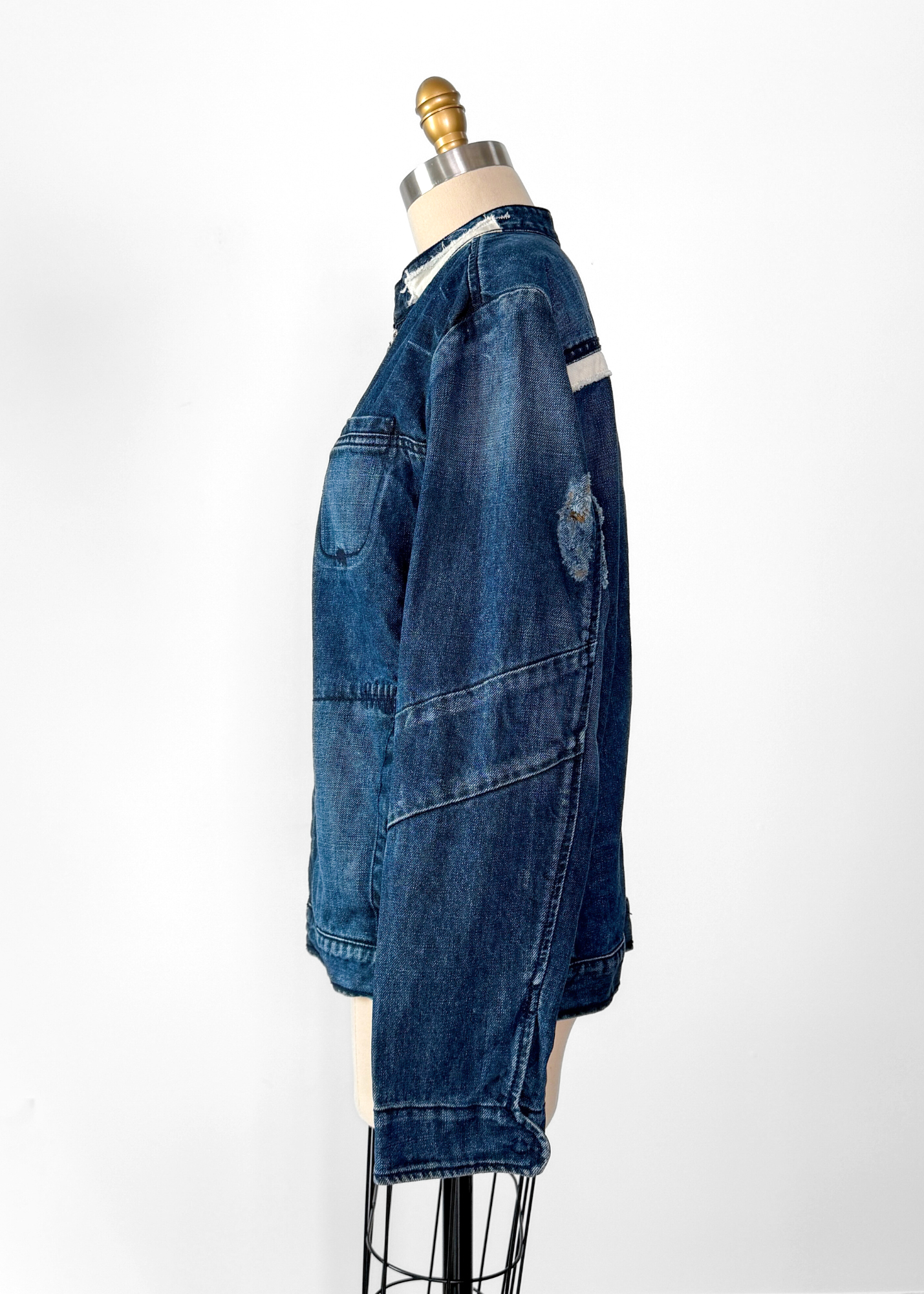 OMM Blue Denim Distressed Patchwork Jean Moto Jacket (L)