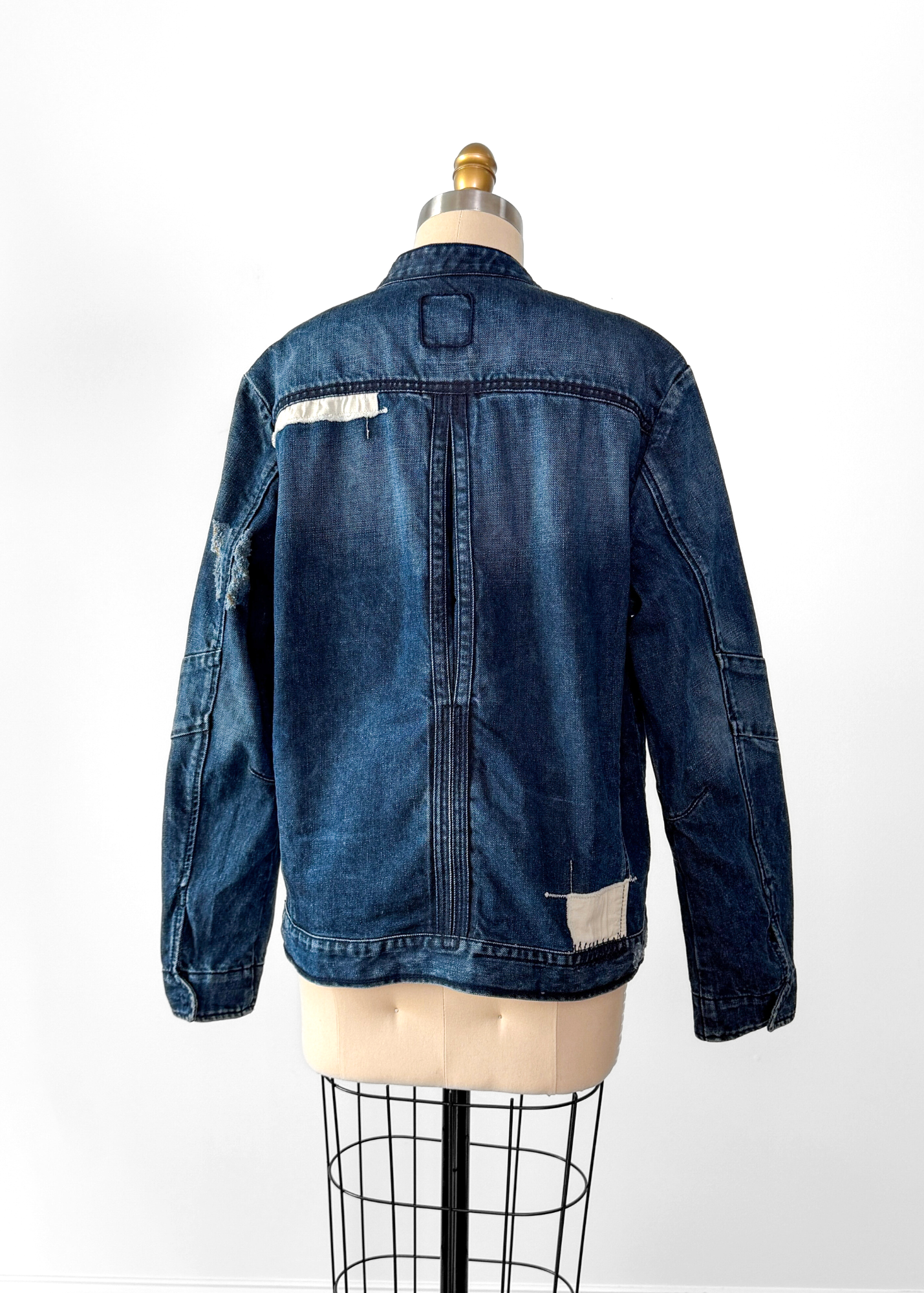 OMM Blue Denim Distressed Patchwork Jean Moto Jacket (L)