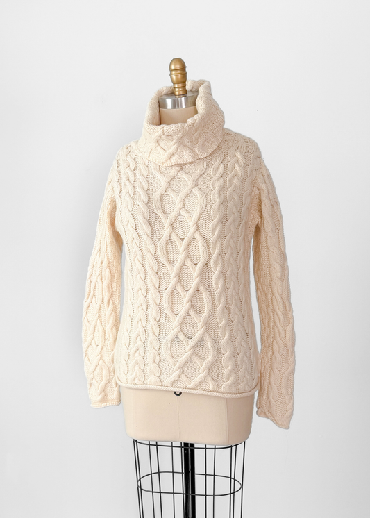 Inis Crafts Cream 100% Irish Merino Wool Knit Turtleneck Sweater (S)