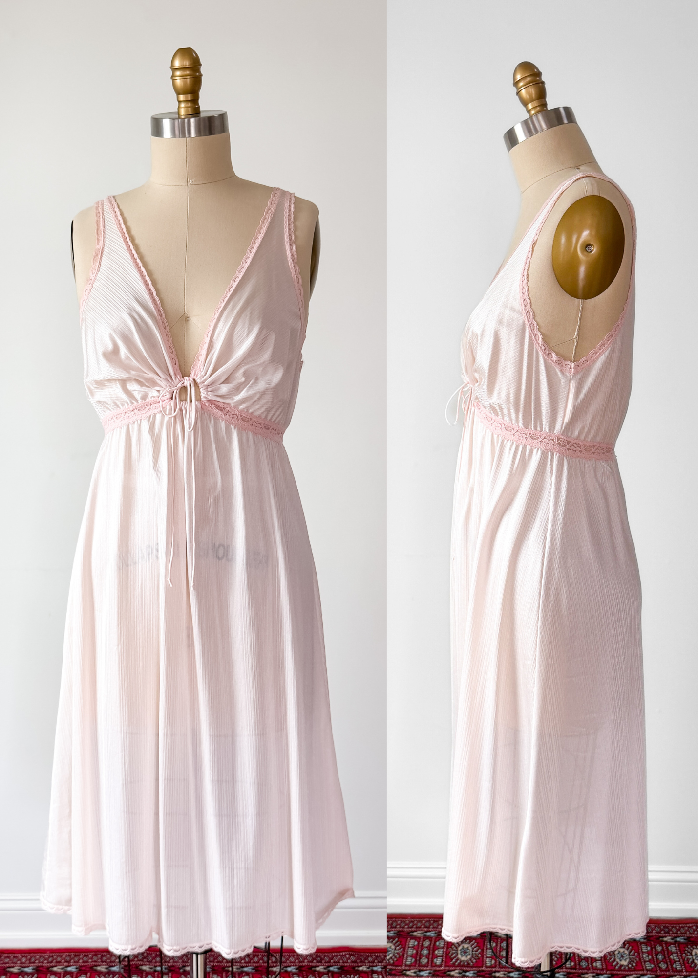 Vintage 80s Miss Elaine Light Pink Drawstring Nighty Lingerie Sleepwear