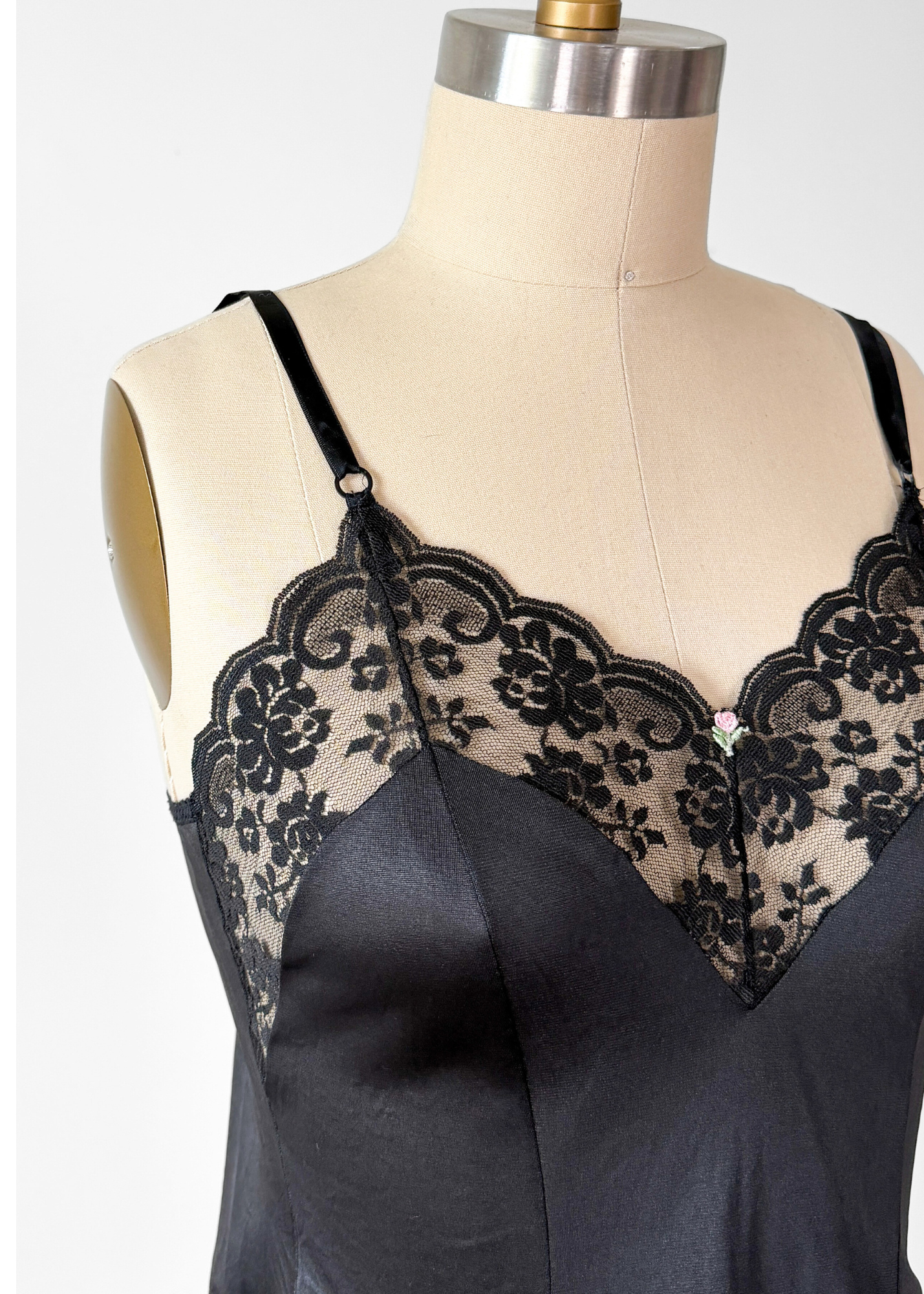 Vintage 80s Black Lace Rosette Lingerie Camisole Top (34 or S)