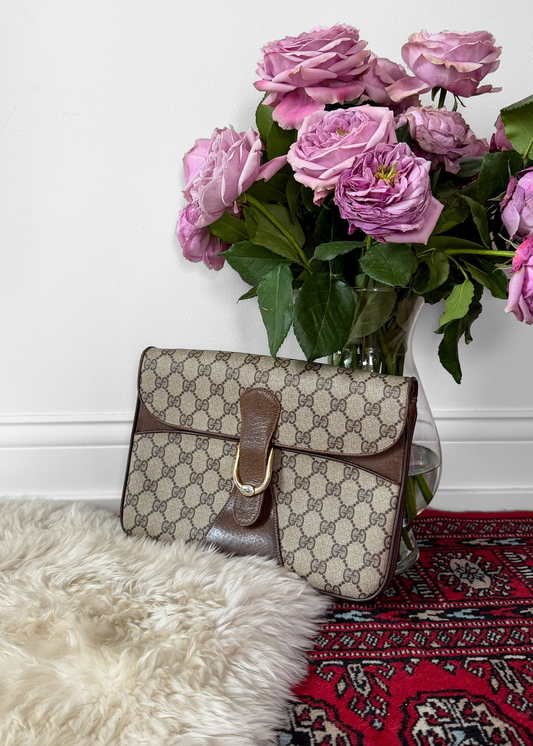 Vintage 80s Gucci Monogram PVC Supreme Horsebit Accordion Clutch Crossbody Purse