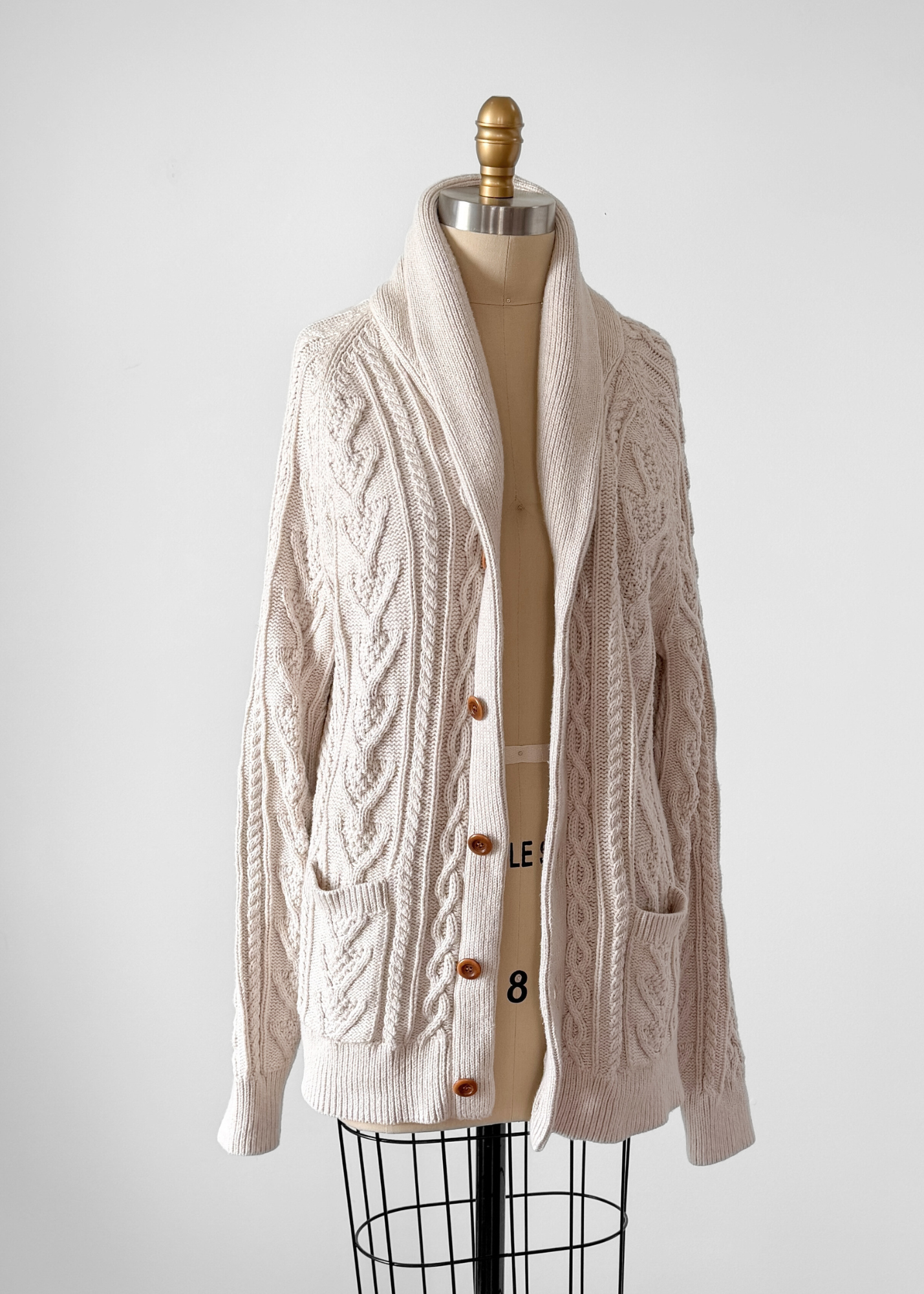 J.Crew Men's Cream Beige Cotton Fisherman Shawl Collar Button Cardigan Sweater (L)