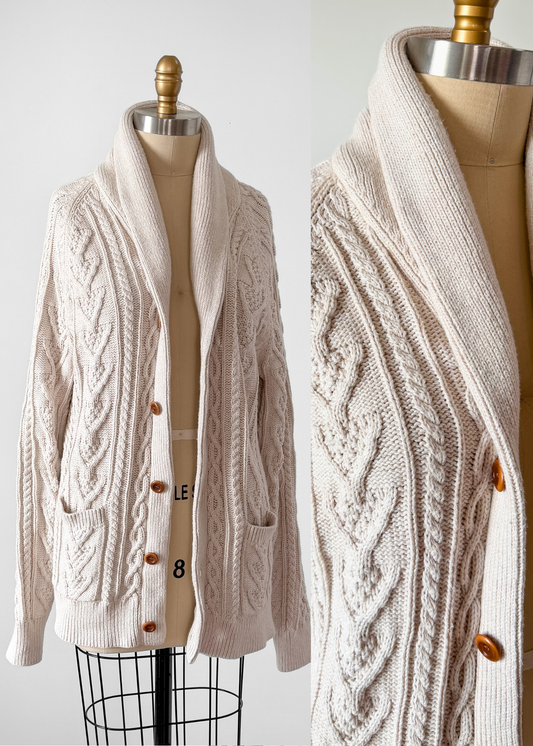 J.Crew Men's Cream Beige Cotton Fisherman Shawl Collar Button Cardigan Sweater (L)